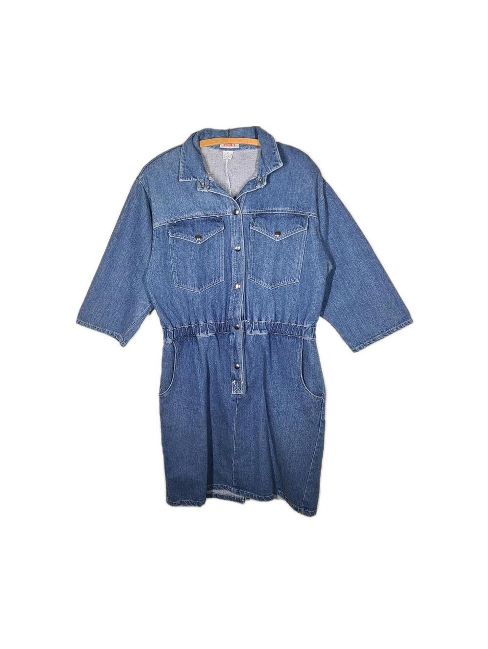 Vintage 90s Denim Dress 100% Cotton Blue Jeans Large Slim Skirt Snap Front Y2k - Picture 2 of 9